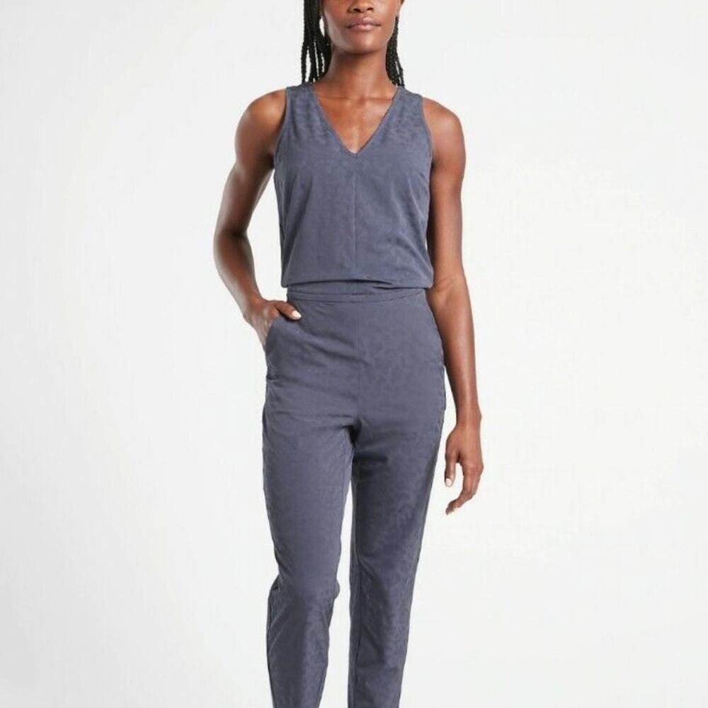 Athleta Brooklyn Textured Jumpsuit Blue Animal Print Athleisure Loungewear SZ 6